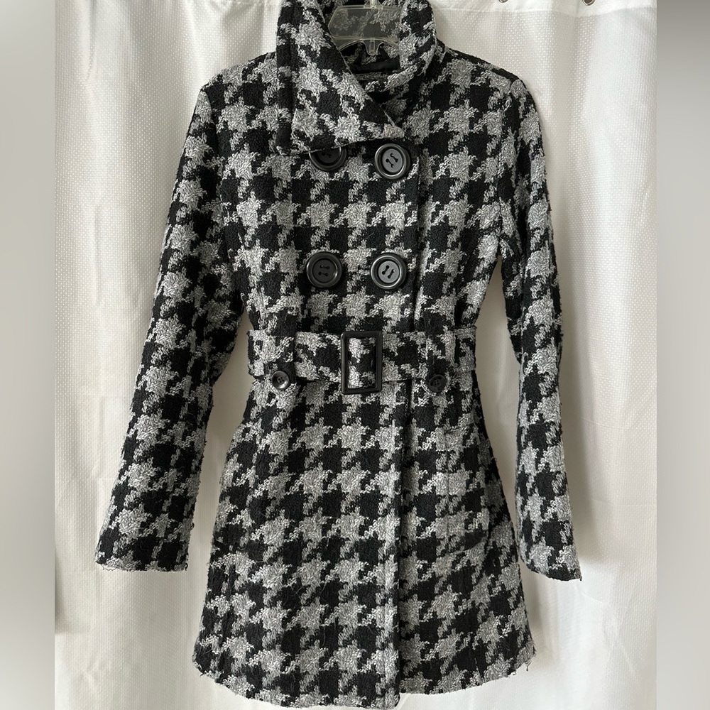 CLASSIC!! Yoki Black and Gray Houndstooth Long Sleeve Peacoat
